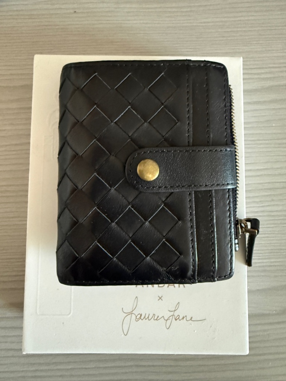 The Lo- Black Woven Leather Snap & Zip Wallet